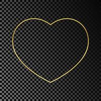 Gold glowing heart shape frame isolated on dark background. Shiny frame with glowing effects. Vector illustration.