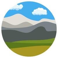 Natural cartoon landscape in circle. Vector illustration in the flat style with blue sky, clouds, hills and mountains.