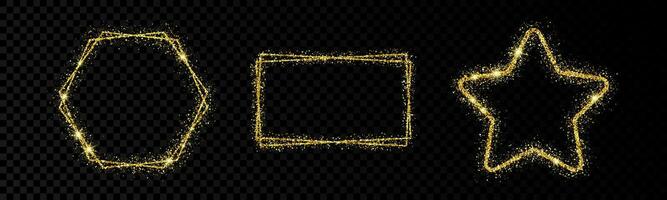 Shiny frames with glowing effects. Set of three glitter hexagon, star and rectangular frames on background. Vector illustration