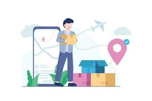 Courier delivers goods and parcel ordered from online store. Package shipping service concept with people character scene in colored flat illustration vector