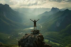 An inspiring shot of a hiker standing on a mountain top Generative AI photo