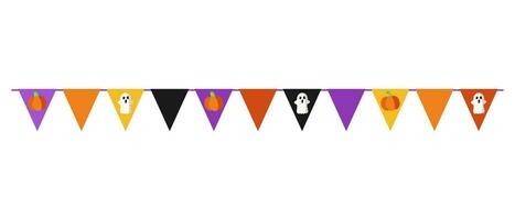 Halloween bunting pennants with ghosts and pumpkins. Garland with triangular flags. Halloween design element. Isolated graphic template. Vector illustration.