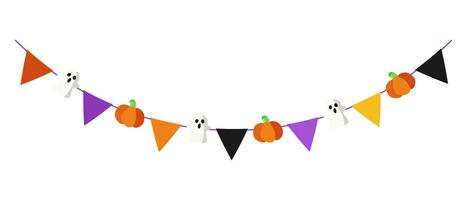 Halloween garland with triangular flags pumpkins and ghosts. Decor for Halloween celebration. Isolated graphic template. Vector illustration.