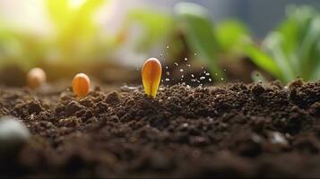 germinando semillas de vegetal en el tierra en varios estaciones, ai generado foto