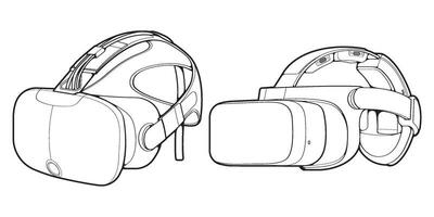 Set off Virtual reality headset outline drawing vector, Virtual reality headset drawn in a sketch style, black line Virtual reality headset trainers template outline, vector Illustration.