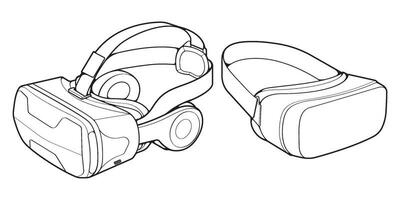 Set off Virtual reality headset outline drawing vector, Virtual reality headset drawn in a sketch style, black line Virtual reality headset trainers template outline, vector Illustration.