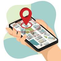 Hand holding mobile smart phone show pin to Isometric Location mobile app. vector