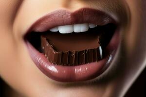 Female mouth eating chocolate tasty lips. Generate Ai photo