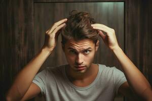 Hair loss young man looking in mirror. Generate Ai photo