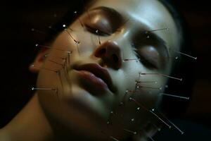 joven mujer acupuntura cara terapia. generar ai foto