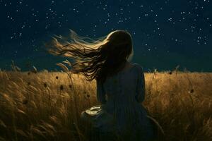 Girl wheat field stars sky. Generate Ai photo