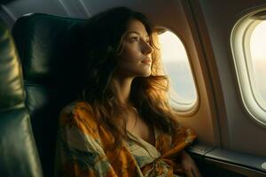 Woman passenger airplane near window. Generate Ai photo