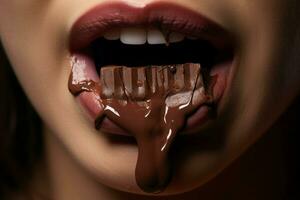 hembra boca comiendo dulce chocolate. generar ai foto