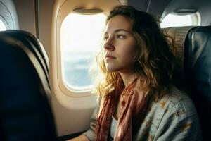 Woman passenger seat airplane window. Generate Ai photo