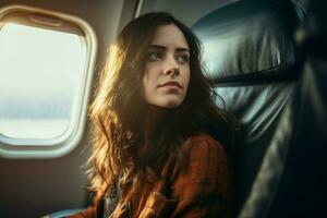 Woman passenger airplane window. Generate Ai photo