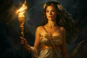 Greek goddess with burning torch. Generate Ai photo