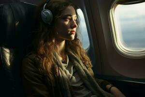 mujer pasajero avión viaje cerca ventana. generar ai foto