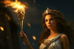 Greek goddess with torch magic. Generate Ai photo