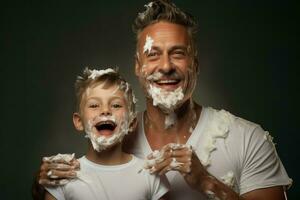 Father and son fun shaving. Generate Ai photo