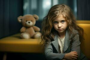 pequeño niña triste ver psicólogos oficina. generar ai foto