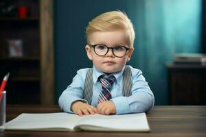 pequeño chico a habla terapeuta oficina. generar ai foto