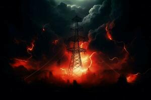 Energy dark bolt fire tower background. Generate AI photo