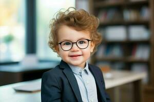 pequeño chico sonriente a terapeuta oficina. generar ai foto