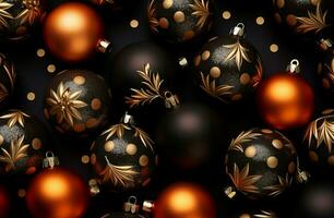 Christmas orange black sphere toys background. Generate Ai photo