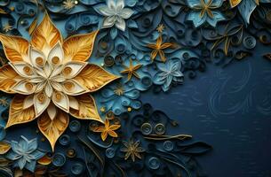 Blue yellow floral paper christmas background. Generate Ai photo