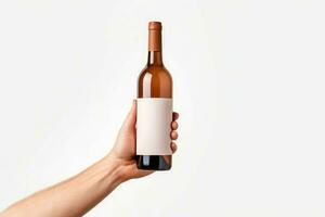 Man hand hold red wine bottle. Generate Ai photo