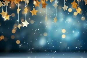 Blue yellow christmas background with gold stars. Generate Ai photo