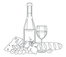 Bottle of wine, wine in a glass, cheese, baguette and grape. Lineart, outline only. Vector graphic.