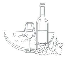 Bottle of wine, wine in glass, watermelon and grape. Lineart, outline only. Vector graphic.