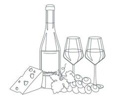 Bottle of wine, wine in a glasses, cheese and grape. Lineart, outline only. Vector graphic.