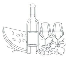 Bottle of wine, wine in glasses, watermelon and grape. Lineart, outline only. Vector graphic.