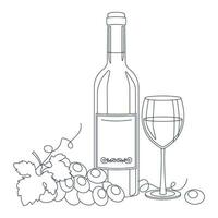 Bottle of wine, wine in glasses and grape. Lineart, outline only. Vector graphic.