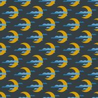 Seamless geometric pattern with golden moon and clouds on dark blue background. Vector print for fabric background, textile