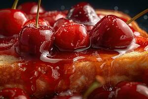 cherry toast, macro shot of a fresh breakfast with Dripping Honey, AI Generated photo