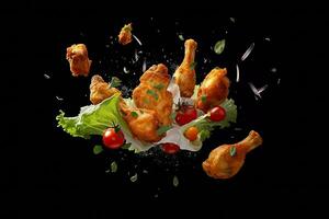 Flying elements of fried chicken with tomatoes and parsley, Generative AI photo