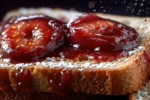 Plum toast, macro shot of a fresh breakfast with Dripping Honey, AI Generated photo