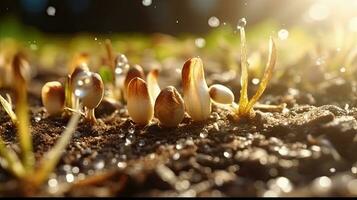 germinando semillas de vegetal en el tierra debajo nieve en invierno, ai generado foto