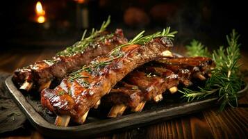 Succulent and tender Lamb ribs marinated in a savory blend of spices, AI Generated photo