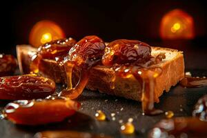 Saudi Arab Dates toast, macro shot of a fresh breakfast with Dripping Honey, AI Generated photo