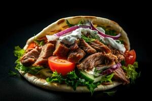 A shawarma with meat and vegetables on it photo