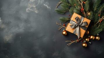 abrazando el magia de Navidad mediante abeto ramas y regalos, ai generado foto