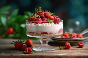 Slice of raspberry cheesecake on a plate, AI Generated photo