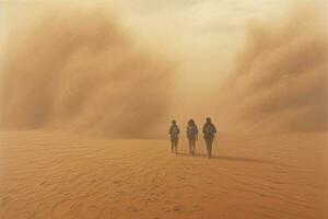 un pintura de personas corriendo en un polvo tormenta, generativo ai foto