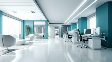 cubical office space with blue and white tiled floors and open windows, AI Generated photo