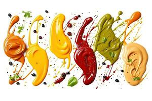 Selection of sauces with different colors on a white, Generative AI photo