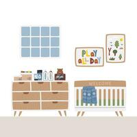 Mid-century modern stylish nursery interior. Baby bedroom design decorated with posters wall art. Cute infant objects and accessories. Scandi home related details hand drawn flat vector illustration
